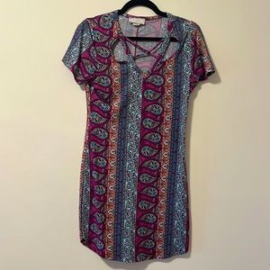 No Comment Purple and Blue Paisley Dress Criss Cross Chest Detail